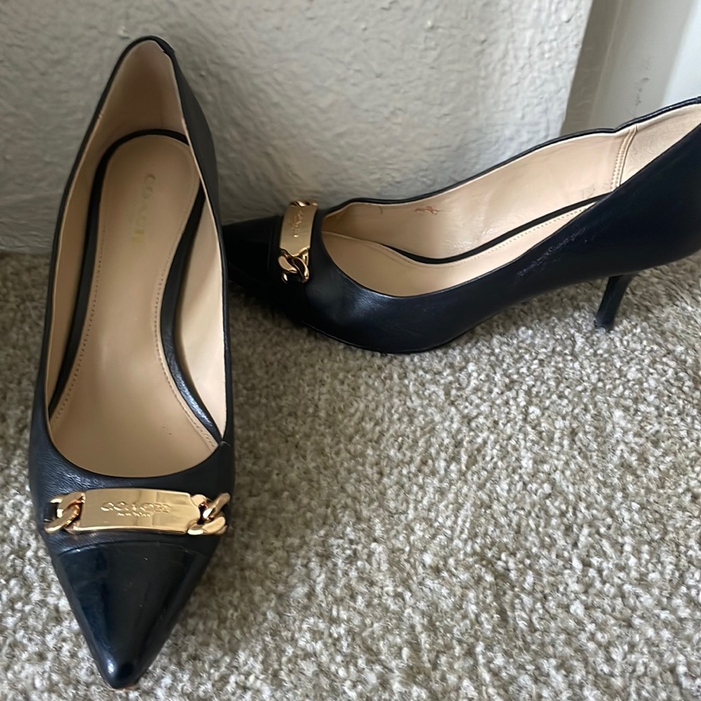 Coach Black Leather Pointed Toe Heels with Gold Hardware